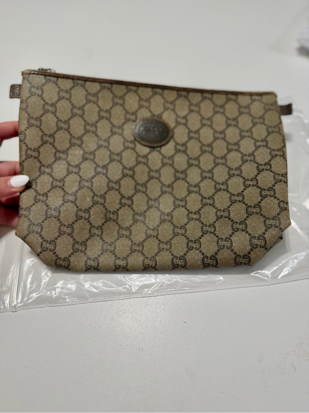Gucci Brown GG Canvas Cosmetic Pouch with Leather Trim